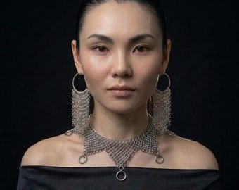 Handmade Chainmail Bib Choker and Chandelier Earrings Set | Lightweight Medieval Gothic Statement Jewelry