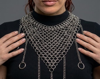 Chainmail Statement Necklace | V Shaped Bib Collar Choker | Festival Rave Body Chain Jewelry | Gothic Armor