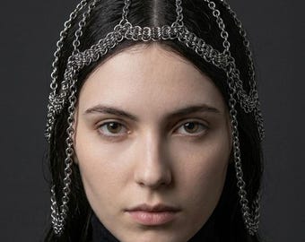 Chainmail Headpiece | Silver Draped Hair Chain Crown | Gothic Bridal Circlet | Renaissance Faire Festival Jewelry