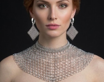 Chainmail Bib Necklace | Lightweight Silver Aluminum Statement Collar | Gothic Medieval Shoulder Chain Armor Jewelry