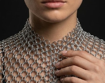 Gothic Chainmail Collar Necklace | Silver Shoulder Mantle Shrug | Medieval Festival Body Chain