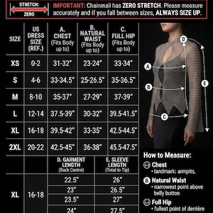 May include: A professional size guide for an artisan chainmail cardigan, featuring a table with US dress sizes from XS to 2XL and corresponding chest, waist, and hip measurements in inches. It includes diagrams for measuring garment and sleeve length.