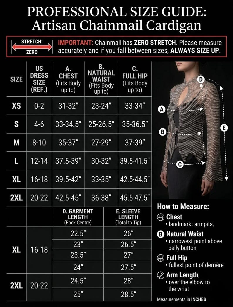 May include: A professional size guide for an artisan chainmail cardigan, featuring a table with US dress sizes from XS to 2XL and corresponding chest, waist, and hip measurements in inches. It includes diagrams for measuring garment and sleeve length.