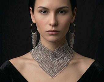 Gothic Costume Jewelry Set | Silver Chainmail Collar Necklace | Fringe Hoop Earrings | Medieval Shrug Accessory