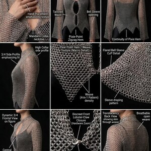 May include: A silver-toned chainmail top featuring a mandarin collar, long bell sleeves, and a pixie-point zigzag hem. The garment is constructed with a 4-in-1 weave pattern, a central keyhole opening, and a discreet lobster-claw front closure.