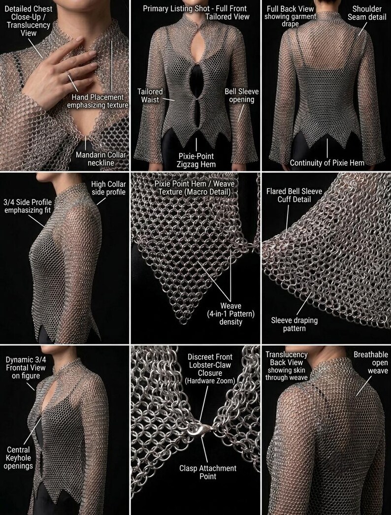 May include: A silver-toned chainmail top featuring a mandarin collar, long bell sleeves, and a pixie-point zigzag hem. The garment is constructed with a 4-in-1 weave pattern, a central keyhole opening, and a discreet lobster-claw front closure.