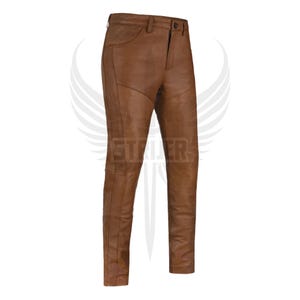 May include: Brown leather trousers with a classic five-pocket design. The trousers have a button and zip closure, and feature stitched detailing on the knees. The leather has a slightly distressed appearance.