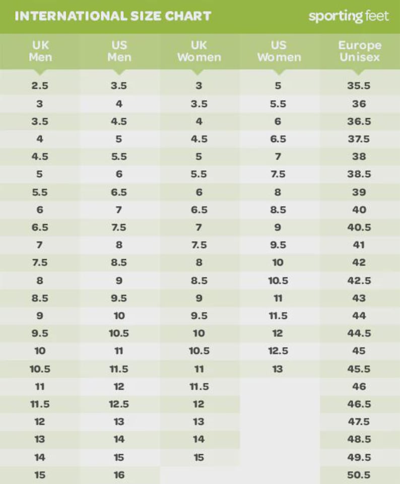 K&ouml;nnte beinhalten: Internationale Schuhgr&ouml;&szlig;entabelle mit Umrechnungen f&uuml;r UK-Herren, US-Herren, UK-Damen, US-Damen und europ&auml;ische Unisex-Gr&ouml;&szlig;en. Die Tabelle hat einen wei&szlig;en Hintergrund mit gr&uuml;nen und gelben Akzenten. Der Text "sporting feet" ist sichtbar.