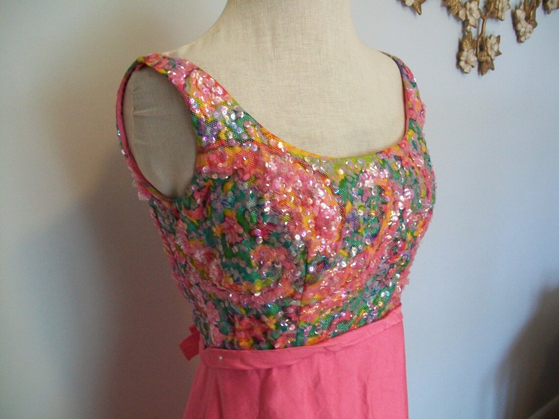 Sale Rare Vintage Designer Evening Gown Floral Pink Sequins and Beads