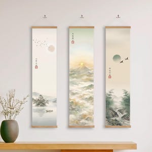 Japanese Landscape Scroll Wall Art | Japandi Zen Canvas Poster | Bamboo Mountain Fuji  Sansui