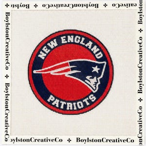 May include: A square needlepoint canvas featuring the New England Patriots logo in red, white, and blue. The circular emblem displays the team's profile mascot and text. The white border is printed with the repeating text BoylstonCreativeCo.
