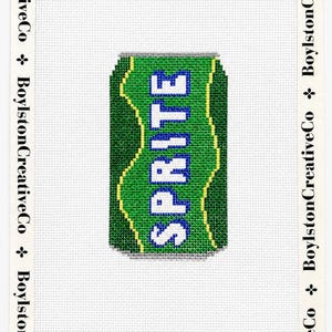 May include: A needlepoint canvas featuring a centered green soda can graphic with the word SPRITE in blue letters. The design includes yellow wavy lines on a green background. The white canvas border is printed with the text BoylstonCreativeCo.