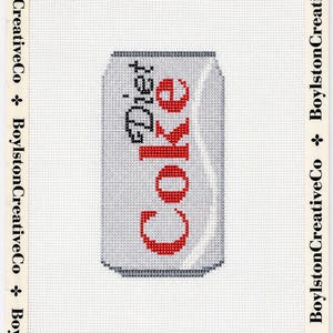 May include: A needlepoint canvas featuring a cross-stitched silver soda can with the text Diet Coke in red lettering. The design is centered on a white grid background with a border repeating the text BoylstonCreativeCo and a small flower icon.