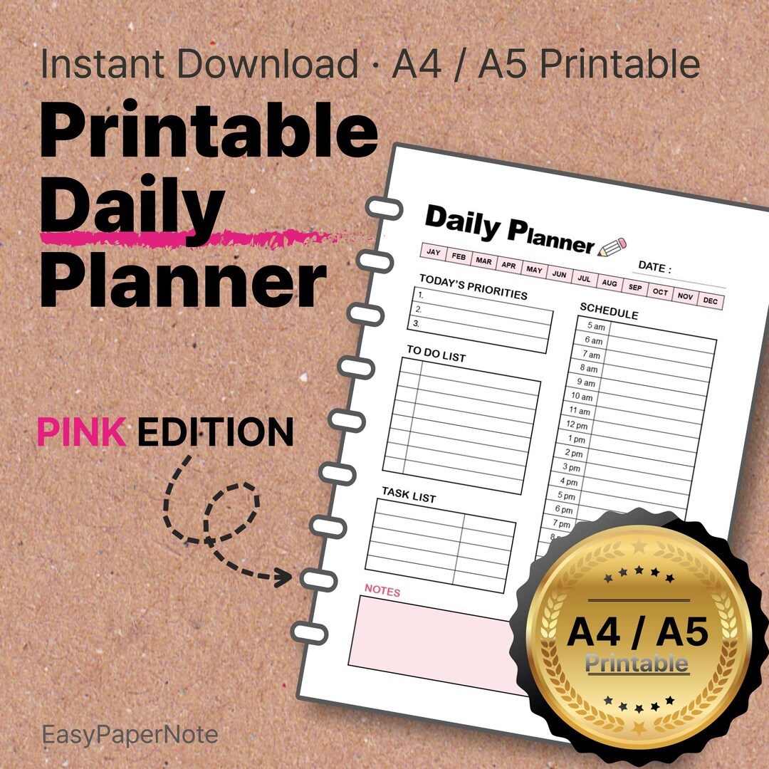 Printable Daily Planner | A4 / A5 Printable | Pink Accent Daily Planner ...