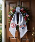 Custom Monogram Patriotic Wreath Sash, Embroidered USA Flag Bow, Red, White and Blue Decor, 4th of July, Housewarming Gift, USA Sash Gift