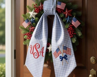 Custom Monogram Patriotic Wreath Sash, Embroidered USA Flag Bow, Red, White and Blue Decor, 4th of July, Housewarming Gift, USA Sash Gift