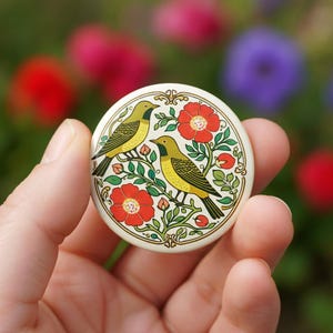 Könnte beinhalten: Ein runder, cremefarbener Knopf mit zwei gelben Vögeln, die auf einem belaubten Zweig mit roten Blumen sitzen. Die Vögel haben schwarze Schnäbel und sind von grünen Blättern und roten Blumen umgeben. Der Knopf wird in einer Hand gehalten.