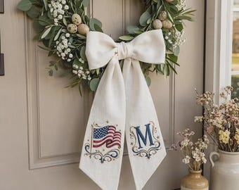 Embroidered Personalized USA Flag Wreath Sash, Custom Monogram Seersucker Door Decor, Summer Toile Front Door Bow, Patriotic Holiday Decor