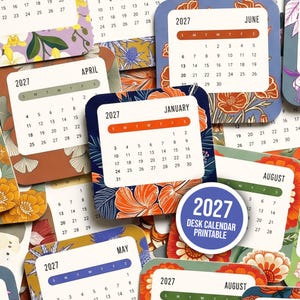 May include: A collection of 2027 desk calendar pages featuring floral patterns in various colours including orange, blue, and green. Each page displays the month, year, and a grid of dates. A circular blue sticker reads 2027 DESK CALENDAR PRINTABLE.