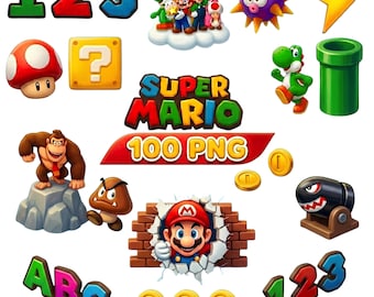 Ensemble Super Mario Numbers PNG | Plus de 100 personnages Mario, lettres de A à Z et chiffres de 0 à 9 | Conception par sublimation | Clipart imprimable PNG