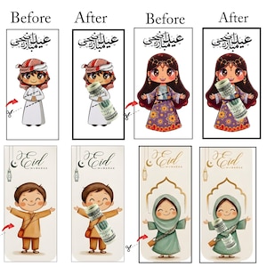 Könnte beinhalten: Satz illustrierter Eid Mubarak Geschenkanhänger. Jeder Anhänger zeigt eine Cartoonfigur, die eine Rolle Geld hält oder die Arme offen hat. Die Anhänger tragen die Worte "Eid Mubarak" und arabische Schrift. Die Farbpalette umfasst Beige, Gold und verschiedene Hauttöne.