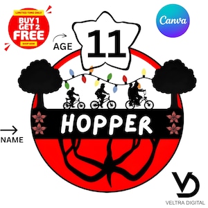 Puede incluir: Un diseño gráfico circular con fondo rojo, con la palabra "HOPPER" en blanco y siluetas de personas en bicicleta. El número "11" tiene forma de estrella. El diseño incluye el texto "AGE" y "NAME".