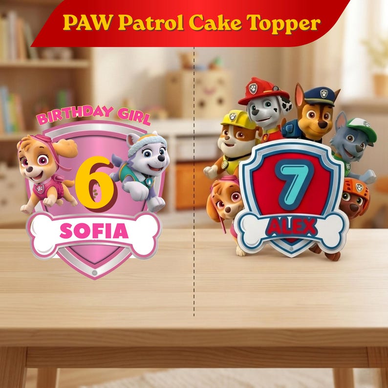 Pu&ograve; includere: Due decorazioni per torte Paw Patrol con personaggi dei cartoni animati. La decorazione a sinistra &egrave; rosa con il numero 6, il nome Sofia e il testo Birthday Girl. Quella a destra &egrave; blu e rossa con il numero 7 e il nome Alex. Entrambe hanno scudi.