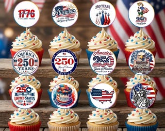 Décorations pour cupcakes 250e anniversaire de l'Amérique, décoration de fête patriotique (PDF modifiable)