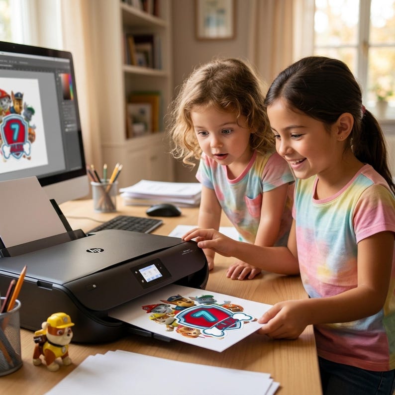 Pu&ograve; includere: Una stampante HP nera su una scrivania in legno, che stampa un foglio di carta bianco con una grafica colorata di Paw Patrol con il numero 7. Una piccola statuetta di cane in plastica gialla si trova accanto alla stampante e un monitor mostra il disegno.