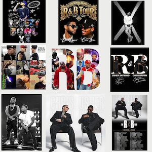 Puede incluir: Una colecci&oacute;n de carteles promocionales y portadas de &aacute;lbumes con los artistas de R&B Chris Brown y Usher Raymond. Los carteles muestran fechas de giras, arte de &aacute;lbumes y retratos estilizados de los m&uacute;sicos. La paleta de colores incluye negro, blanco y dorado.