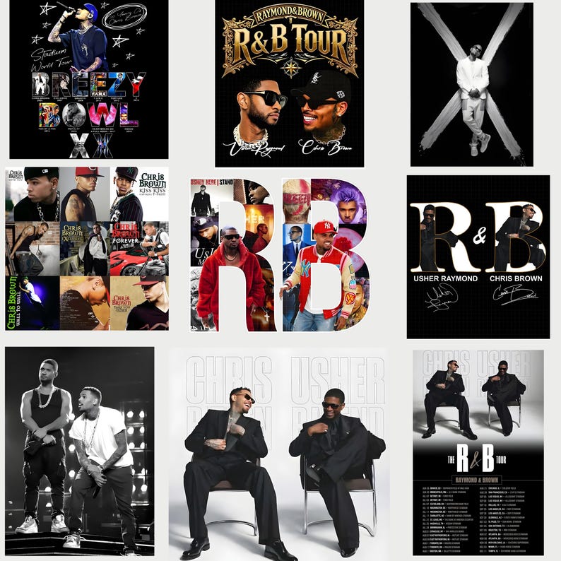 Puede incluir: Una colecci&oacute;n de carteles promocionales y portadas de &aacute;lbumes con los artistas de R&B Chris Brown y Usher Raymond. Los carteles muestran fechas de giras, arte de &aacute;lbumes y retratos estilizados de los m&uacute;sicos. La paleta de colores incluye negro, blanco y dorado.