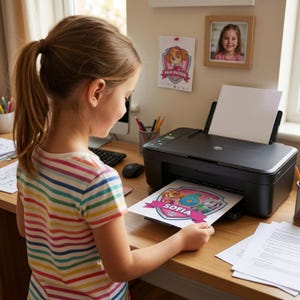 Pu&ograve; includere: Una stampante HP nera su una scrivania in legno che stampa un foglio con una grafica di Paw Patrol, il numero 6 e il nome Sofia. La stampante &egrave; dotata di un vassoio per la carta bianca e di un pannello di controllo con un piccolo display.