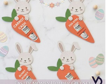 Tarjetero con forma de conejito de Pascua y tarjeta de regalo con forma de zanahoria (descarga en PDF)