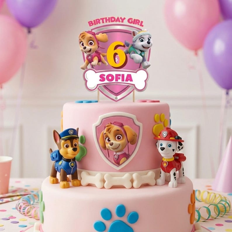 Pu&ograve; includere: Un topper per torta rosa a due livelli con i personaggi di Paw Patrol Skye ed Everest, un grande numero 6 giallo e il testo BIRTHDAY GIRL SOFIA. Il topper &egrave; esposto su una torta rosa decorata con le figure di Chase e Marshall e impronte.