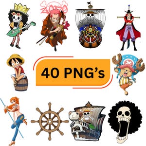 Może przedstawiać: Zbiór 40 obrazów PNG przedstawiających postacie i elementy z serii anime One Piece. Obrazy zawierają postacie takie jak Luffy, Zoro i Chopper, a także statek Thousand Sunny i inne kultowe symbole.