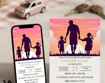Modèle d'invitation pour la fête des pères : carte modifiable de célébration pour un barbecue en famille (téléchargement numérique)