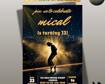 Modèle d'invitation d'anniversaire pop star, invitation à une soirée à thème MJ, iCard numérique modifiable, invitation d'anniversaire Moonwalk,