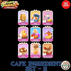 May include: A digital collection of nine Happy Harvest Cafe Ingredient cards arranged in a grid. Each card features a unique food item including flour, eggs, dairy, cheese, veggies, fruits, nuts, honey, and special spice, with star ratings and counts.