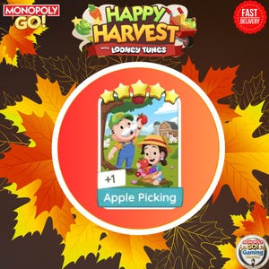 May include: A digital game card titled Apple Picking featuring a cartoon illustration of two characters harvesting fruit in an orchard with a barn and cow in the background. The card displays five yellow stars at the top and a plus one indicator.