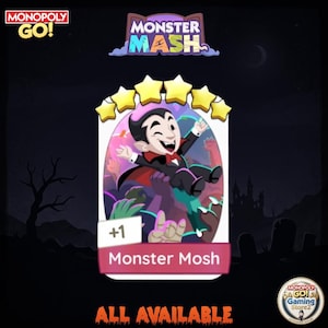 May include: A digital game card titled Monster Mosh featuring a cartoon vampire in a black tuxedo with a red bowtie, raised above a crowd of purple monster hands. The card displays five yellow stars at the top and the text +1 Monster Mosh.