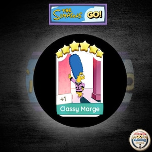 May include: A rectangular digital game card featuring a cartoon illustration of Marge Simpson with her signature tall blue hair, wearing a pink suit. The card displays five yellow stars at the top, the text +1, and the label Classy Marge.