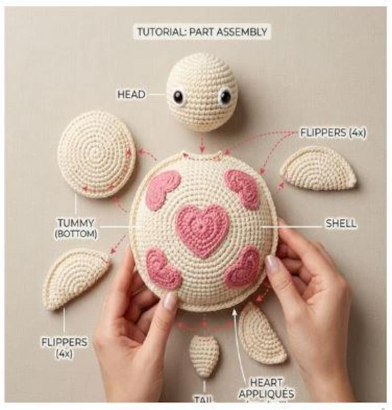 May include: A crochet assembly tutorial showing a turtle toy with a cream-colored head, shell, tummy, four flippers, and a tail. The shell features pink heart appliqu&eacute;s. Text labels include TUTORIAL: PART ASSEMBLY, HEAD, FLIPPERS, SHELL, TUMMY, and TAIL.