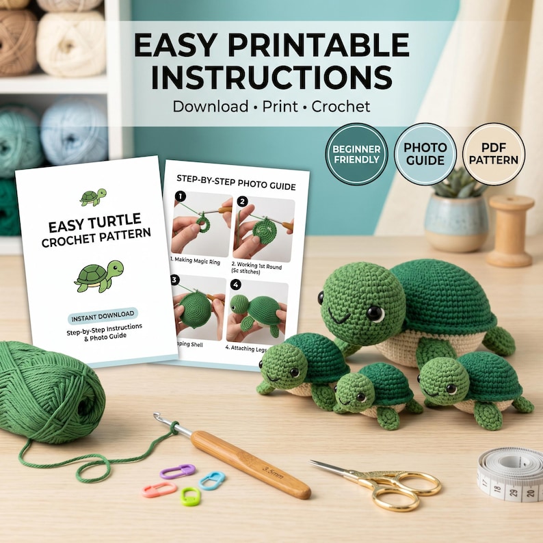 May include: A crochet pattern document titled Easy Turtle Crochet Pattern with a step-by-step photo guide, a ball of green yarn, a 3.5mm wooden crochet hook, colorful stitch markers, scissors, a measuring tape, and four finished green turtle amigurumi.
