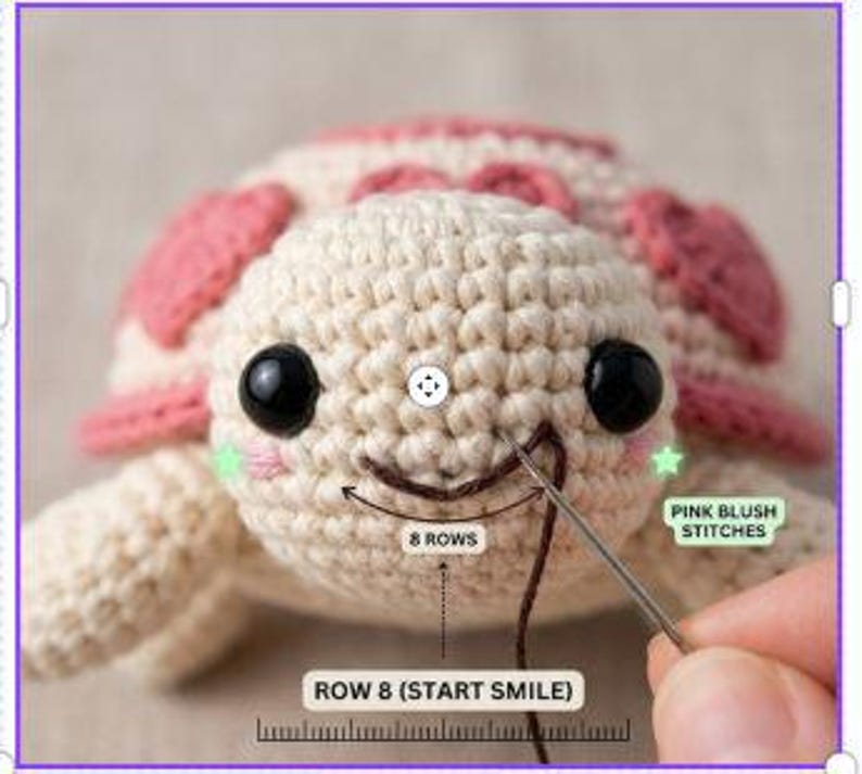 May include: A cream-colored crochet turtle with a pink shell, black safety eyes, and pink blush stitches. A needle pulls dark brown yarn to form a smile. Text labels indicate 8 rows, pink blush stitches, and row 8 start smile.