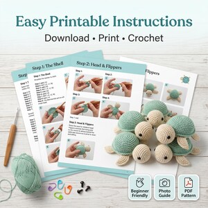 May include: A digital crochet pattern for a turtle, featuring printed instructions with step-by-step photos, a wooden crochet hook, a ball of light green yarn, and plastic stitch markers. Four finished crocheted turtles are displayed.
