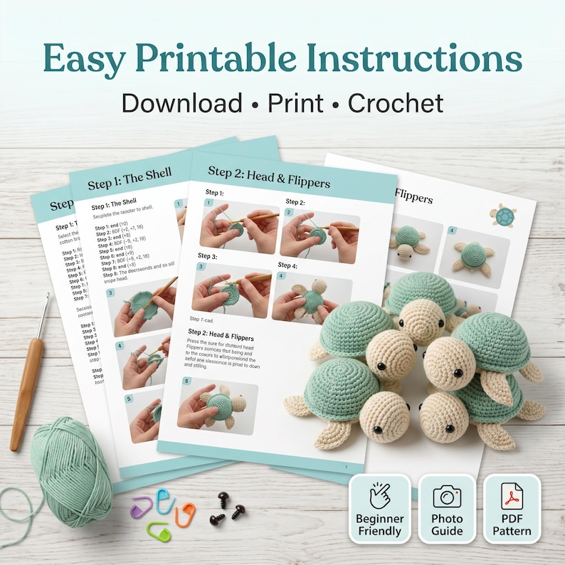 May include: A digital crochet pattern for a turtle, featuring printed instructions with step-by-step photos, a wooden crochet hook, a ball of light green yarn, and plastic stitch markers. Four finished crocheted turtles are displayed.