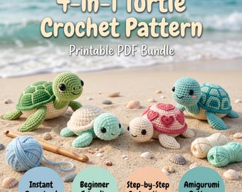 Lot de 4 en 1 motif au crochet tortue de mer PDF, Mini Amigurumi sans couture adapté aux débutants, peluche animal en peluche, téléchargement numérique instantané