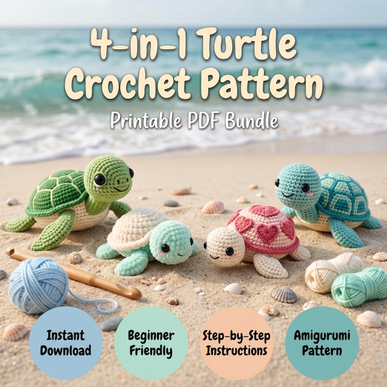 May include: A 4-in-1 turtle crochet pattern printable PDF bundle featuring four small amigurumi turtles in green, cream, and pink with heart details. Includes a wooden crochet hook, blue, cream, and green yarn, and text labels for download.