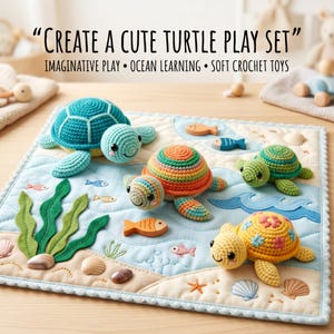 May include: A play set featuring a quilted fabric mat with ocean-themed appliques and four crocheted turtles. The mat displays the text "CREATE A CUTE TURTLE PLAY SET" and "IMAGINATIVE PLAY &bull; OCEAN LEARNING &bull; SOFT CROCHET TOYS" above the scene.