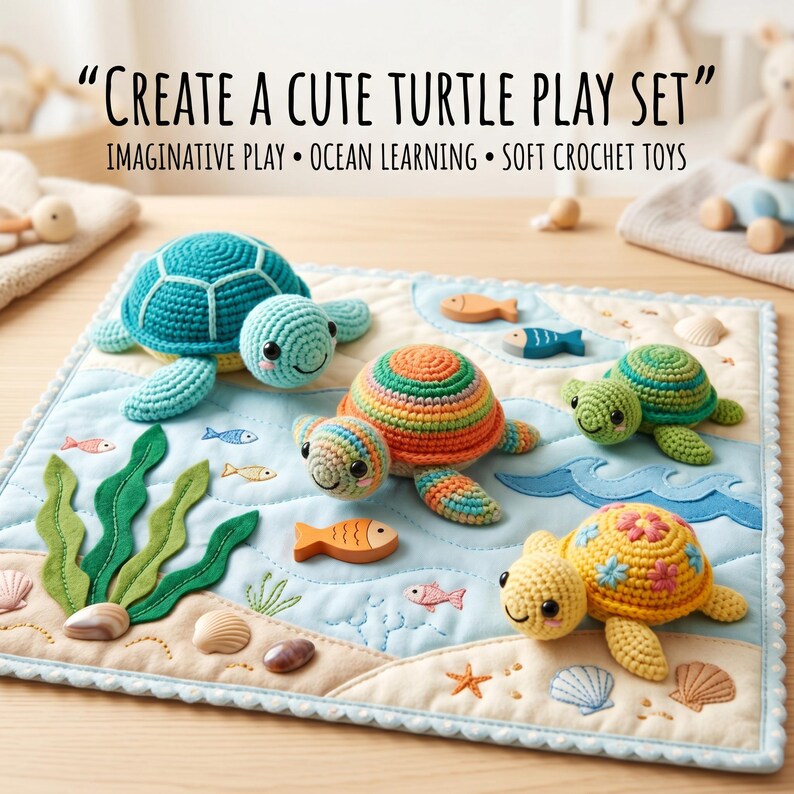May include: A play set featuring a quilted fabric mat with ocean-themed appliques and four crocheted turtles. The mat displays the text "CREATE A CUTE TURTLE PLAY SET" and "IMAGINATIVE PLAY &bull; OCEAN LEARNING &bull; SOFT CROCHET TOYS" above the scene.